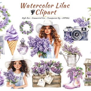 Paquete de imágenes prediseñadas de acuarela lila PNG / Imágenes prediseñadas de niña con flores moradas / Ilustración de lavanda primaveral / Uso comercial