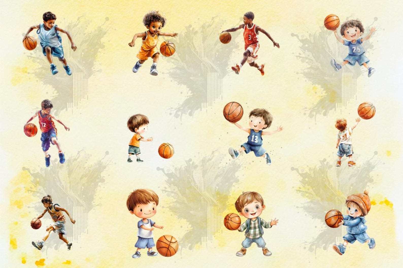 Basketball Clipart Bundle, Watercolor Kids Sports Players Ball Hoop ...