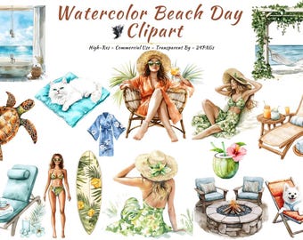 Beach Clipart Bundle, Watercolor Tropical Summer Vacation PNG Graphics (20 PNGs)