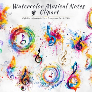 Watercolor Musical Notes Clipart, Colorful Treble Clef PNG, Music Symbol Clipart, Digital Download, Commercial Use, 24 PNG Files