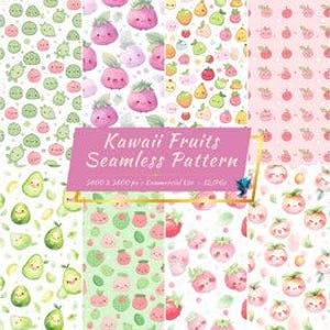 Kawaii Früchte Musterdesign Digital Paper Pack | Chibi Obst, Lebensmittel Hintergründe