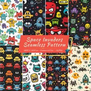 Cartoon Seamless Digital Paper Collection | Cute Space Invaders Patterns