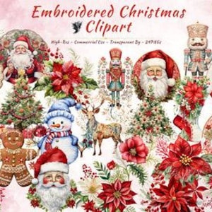 Könnte beinhalten: Eine Sammlung von gestickten Weihnachtskunstwerken mit Weihnachtsmann, Nussknackern, Lebkuchenmännern, Weihnachtssternen, einem Schneemann und einem Rentier. Die Kunstwerke umfassen Weihnachtsbäume und dekorative Elemente.