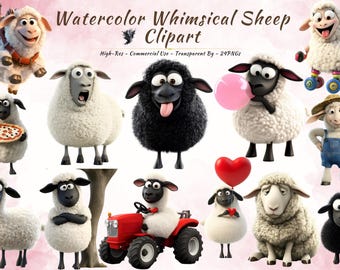 Watercolor Sheep Clipart Bundle, Funny Farm Animals, Whimsical Barnyard PNGs