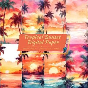 Tropical Sunset and Hawaiian Vibes Digital Paper Pack | Summer Paradise Backgrounds