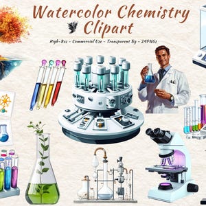 Watercolor Chemistry Clipart Bundle | Science Lab PNG | Test Tubes Beakers Microscope | Commercial Use | Transparent Background