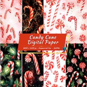 Candy Cane Digital Paper Pack | Christmas, Holiday, Sweet Treat Backgrounds
