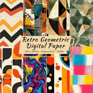 Papier numérique géométrique rétro | Arrière-plans abstraits des années 70 et 80 | 12 fichiers JPG | 3500x5300 px | Utilisation commerciale