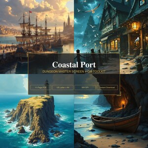 Pode incluir: Um produto digital intitulado Coastal Port Dungeon Master Screen + GM Toolkit. A imagem mostra quatro cenas: um porto com veleiros, uma rua costeira escura, um farol num penhasco e um barco de madeira numa praia.