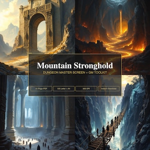 Dungeon Master Screen Inserts | DM GM Screen Printable + Initiative Tracker & Character Sheet | Mountain Stronghold Fantasy Tabletop
