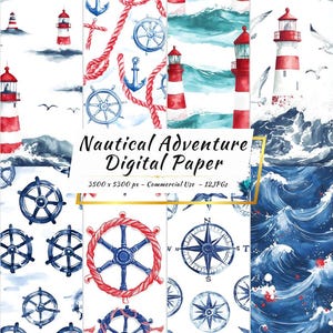 Carta digitale "Avventura nautica" / 12 JPG / Album di ritagli con faro, ancora e onde del mare / Sfondo a tema oceano / Download immediato