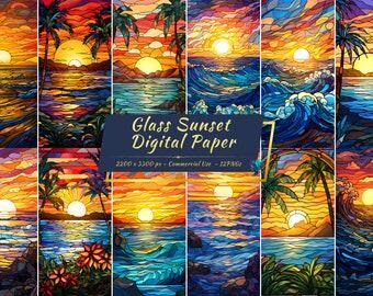 Stained Glass Sunset Digital Paper, Tropical Beach Ocean Waves (8 JPGs)