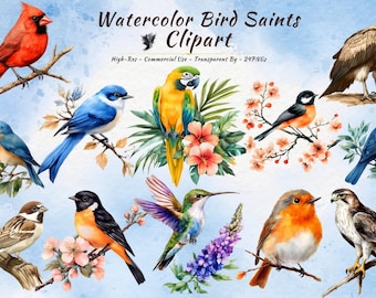 Pacote de Clipart de Pássaros em Aquarela, Ilustrações de Pássaros Canoros em Jardim Florestal na Primavera (24 PNGs)
