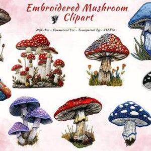 Coleção de clipart de cogumelo bordado | Imagens PNG de cogumelo de fantasia colorido