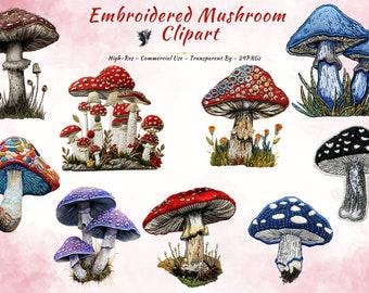 Mushroom Clipart Bundle, Embroidered Cottagecore Botanical Fantasy Forest PNG (20 PNGs)