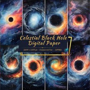 Paquete de papel digital de agujero negro celestial, agujero de gusano / Galaxia, fondo digital del espacio exterior