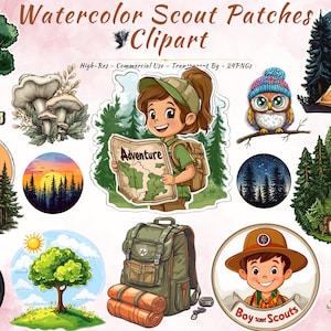 Aquarell Scout Patch Clipart PNG | Abenteuer Camping Zelt Bäume Rucksack Eule Lagerfeuer | Transparenter Hintergrund 24 Dateien