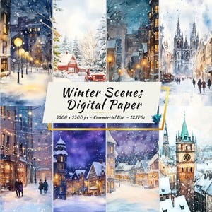 Winter Digital Paper Pack | Snowy Town Watercolor Scenes | 12 JPGs | 3500x5300 px | Instant Download | Commercial Use