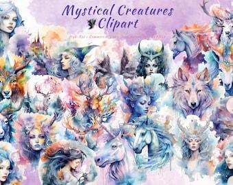 Mystical Creatures Clipart Bundle, Celestial Witchy Watercolor Animals (20 PNGs)