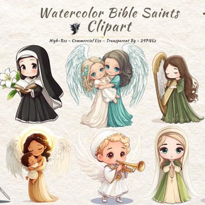 Clipart di santi della Bibbia ad acquerello - Pacchetto PNG cristiano - Arte di angeli e santi - Clipart cattolica - Download digitale religioso