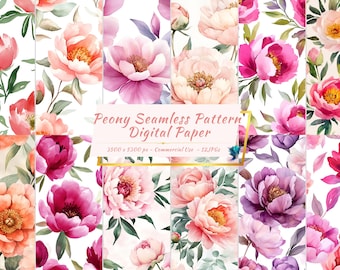 Watercolor Peony Seamless Pattern, Blush Pink Floral Wedding Botanical Romantic Background