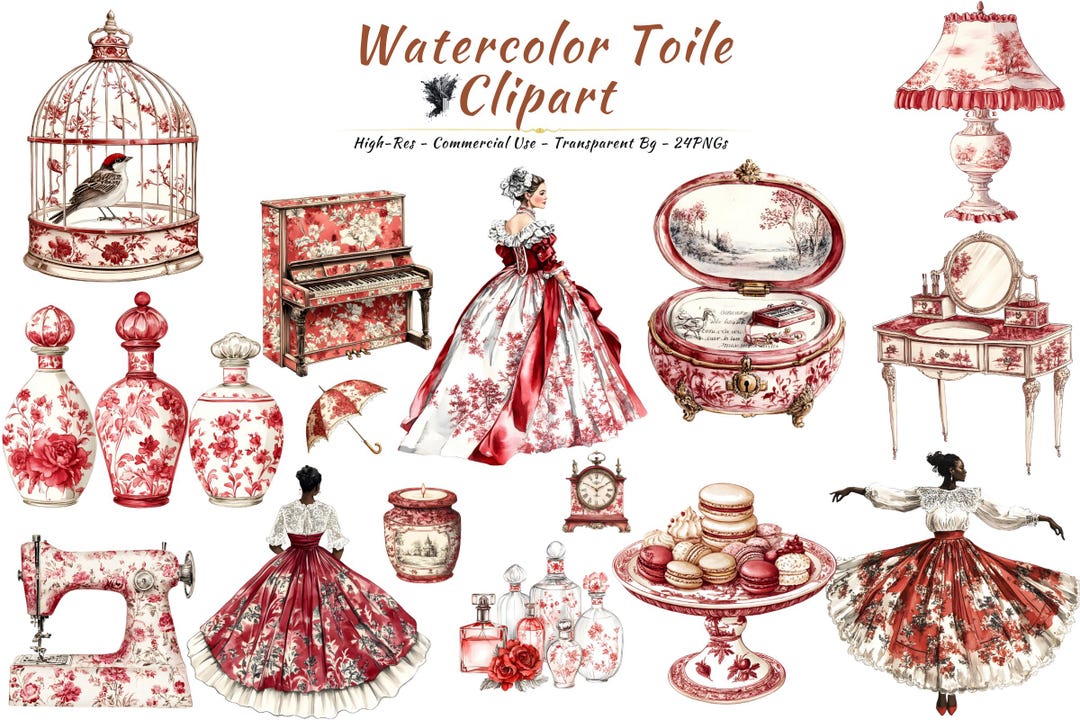 Watercolor Toile Clipart Bundle | French Rococo PNG Set (digital ...