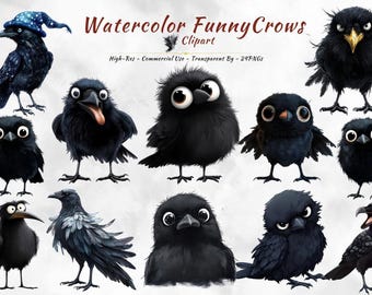 Funny Crow Clipart: 24 Halloween Raven PNG Illustrations (Digital Download), (24 PNGs)