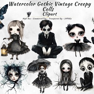 Gothic Dolls PNG Clipart Bundle: Creepy Halloween Watercolor Illustrations (Digital Download)