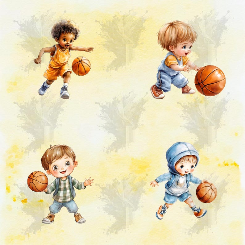 Basketball Clipart Bundle, Watercolor Kids Sports Players Ball Hoop ...