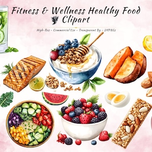 Lot de cliparts, remise en forme, bien-être, alimentation saine | PNG haute résolution | Fond transparent | Utilisation commerciale | Paquet de 24 PNG