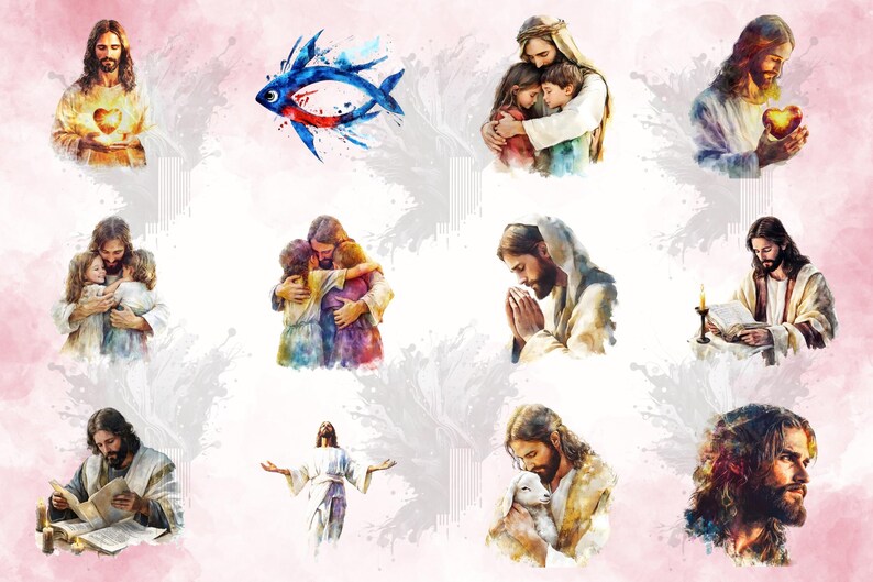 Jesus Clipart Bundle, Watercolor Christian Faith Religious Art (24 Pngs ...