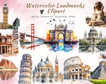 Travel Landmarks Clipart Bundle, Watercolor Famous Buildings World Architecture (24 PNGs)