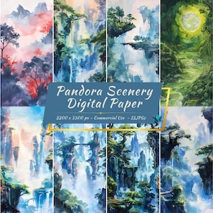 May include: A digital paper pack featuring 12 watercolour illustrations of a fantasy landscape with floating islands, waterfalls, and lush greenery. The images are in shades of blue, green, and pink, with a text overlay that reads "Pandora Scenery Digital Paper".