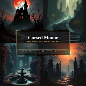 Dungeon Master Screen Inserts | DM GM Screen Printable + Initiative Tracker & Character Sheet | Cursed Manor Fantasy Tabletop