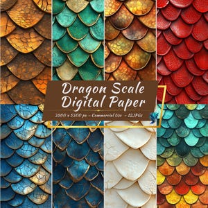 May include: Digital paper featuring a variety of dragon scale patterns in shades of blue, green, red, gold, and white. The image includes a text overlay that reads "Dragon Scale Digital Paper".