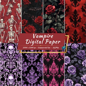 Gothic Vampire Digital Paper | Rose, Skull, Damask Patterns (Digital Download)