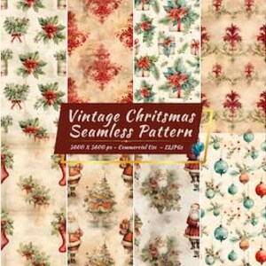Vintage naadloze kerstpatroon digitaal papierpakket | Antieke en Victoriaanse kerstachtergronden