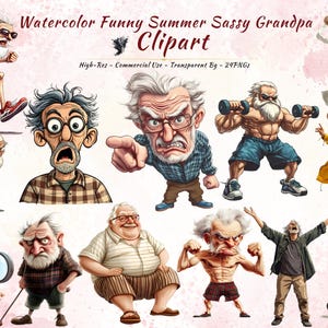 Funny Grandpa Clipart - 24 PNGs Digital Download - Cartoon Old Man Characters - Transparent Background - Commercial Use