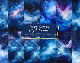 Starry Night Sky Digital Paper, Navy Blue Galaxy Space Backgrounds (8 JPGs)