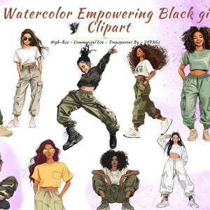 Ermächtigendes schwarzes Mädchen Clipart | Aquarell Mode PNG | Afro Frau Digitale Kunst | Hochauflösende | Kommerzielle Nutzung | 24 PNGs