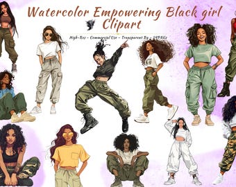 Black Woman Clipart Bundle, Watercolor Afro Boss Babe Fashion Girl PNG (24 PNGs)