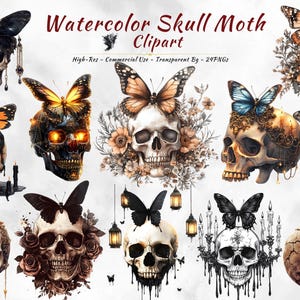 Aquarell Schädel Motte Clipart - Gothic Schmetterling PNG - Vintage Schädel Kunst - Dunkle ästhetische Sublimation - Blumenschädel Illustration
