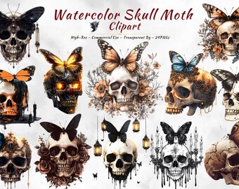 Skull Moth Clipart Bundle, Gothic Butterfly Vintage Floral Dark Witchy Art (20 PNGs)