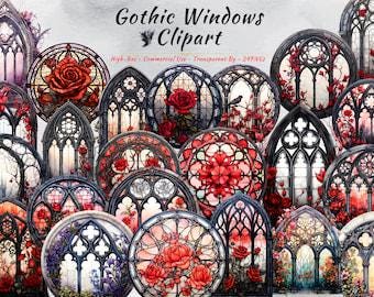Pacchetto di clipart per vetrate artistiche, cornici ad arco floreali gotiche vittoriane (20 PNG)