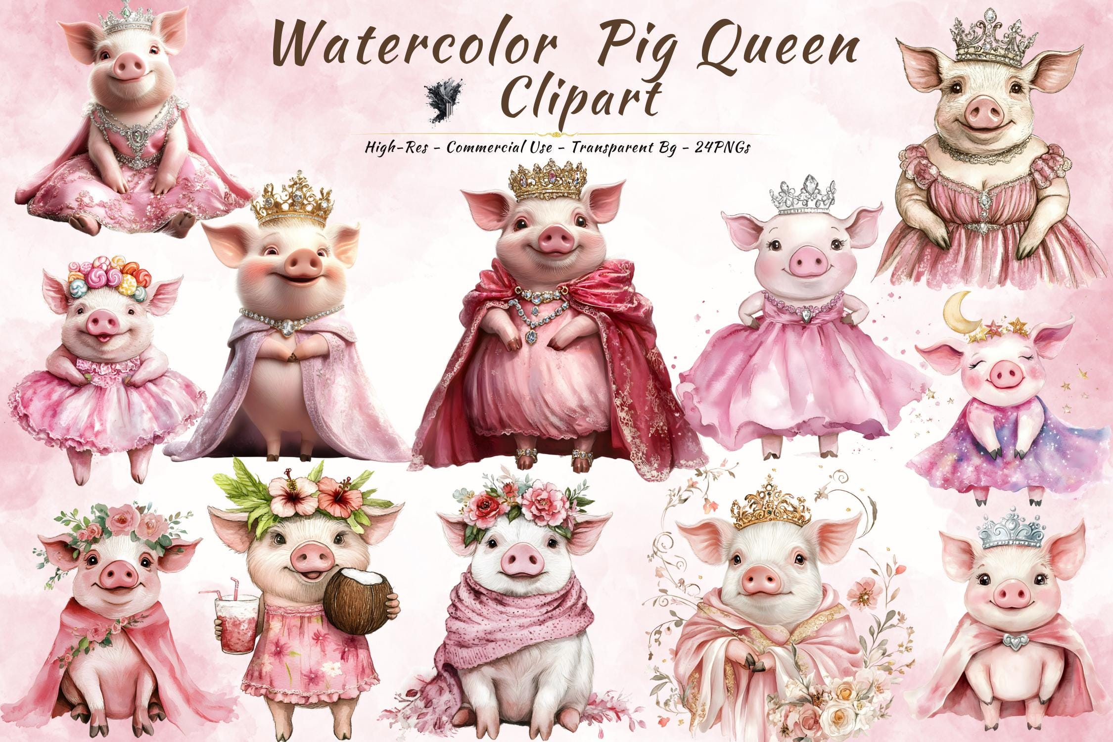 Watercolor Pig Queen Clipart - Cute Pig Princess PNG - Pink Farm Animal ...