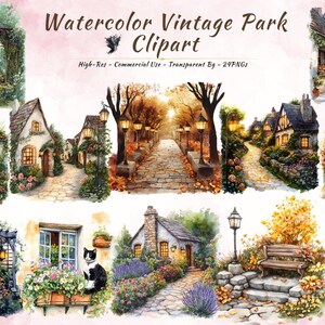 Aquarel vintage park bij nacht landschap clipart | 24 png-bestanden | Gezellige nachtelijke huisjesscènes | Kunst herfsttuinlaan | Hoge resolutie | Commercieel gebruik