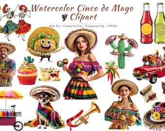 Watercolor Cinco de Mayo Clipart Bundle | Fiesta PNGs (Digital Download)