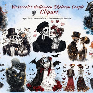 Skelett Paar Clipart - Gothic Schädel Hochzeit PNG - Gruseliger Tag der Toten Digitale Kunst - hochauflösende transparente Bilder