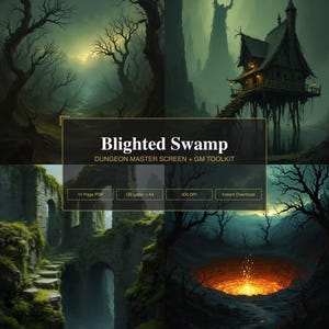 Insertos para la pantalla del Dungeon Master / Pantalla imprimible para DM/GM + Rastreador de iniciativa y hoja de personaje / Juego de mesa de fantasía Blighted Swamp