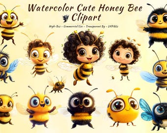 Watercolor Honey Bee Clipart Bundle, Kawaii Bumblebee Nursery Art (24 PNGs)
